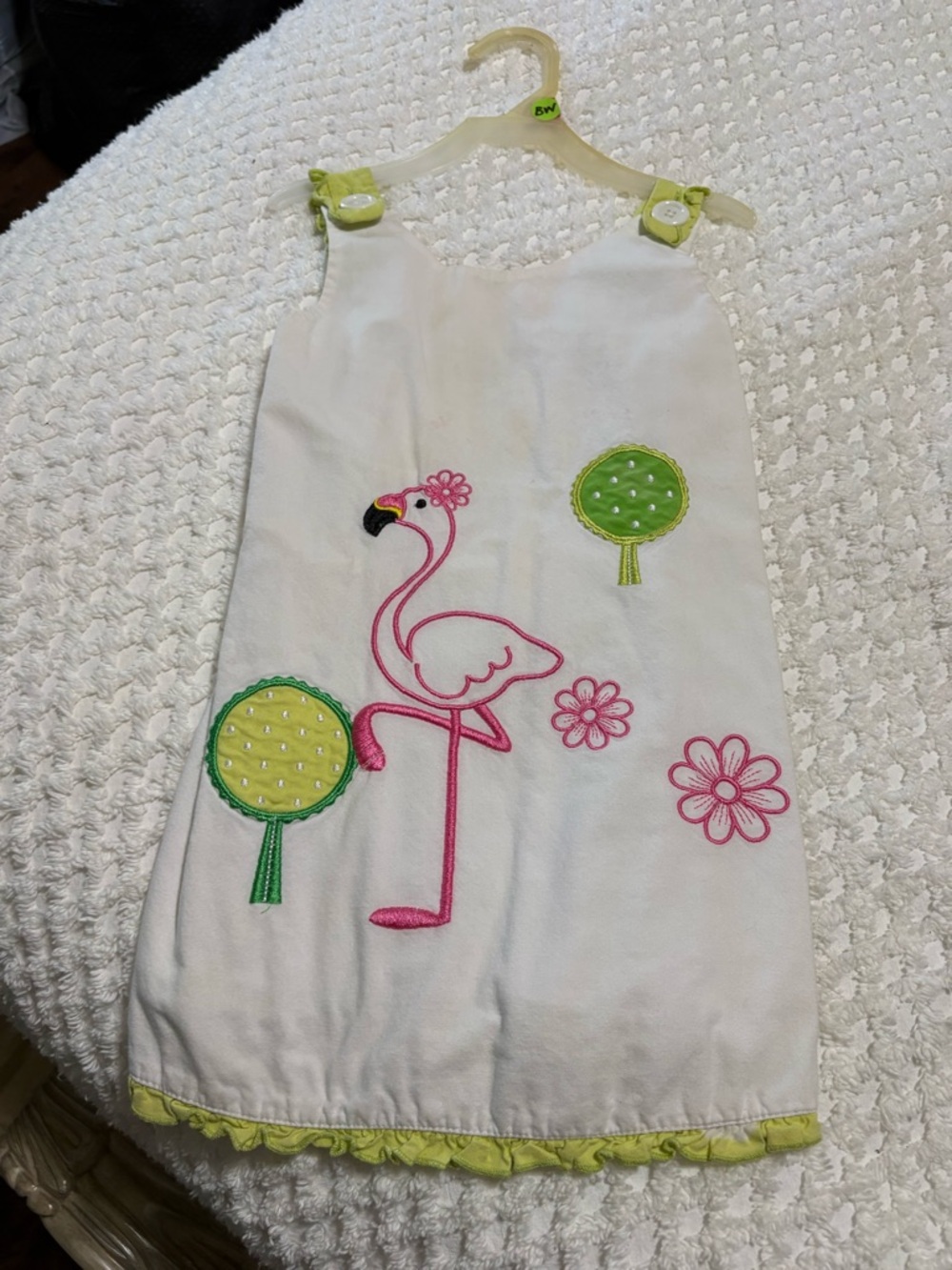 Bonnie Jean White Dress with Pink Flamingo and Lime Green Accents
